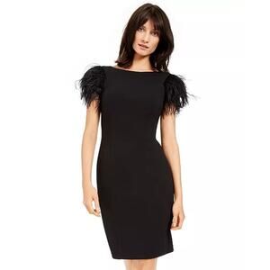 Calvin Klein Faux-Feather Sheath Dress Size 6 NWT Black Cocktail $169 Gatsby